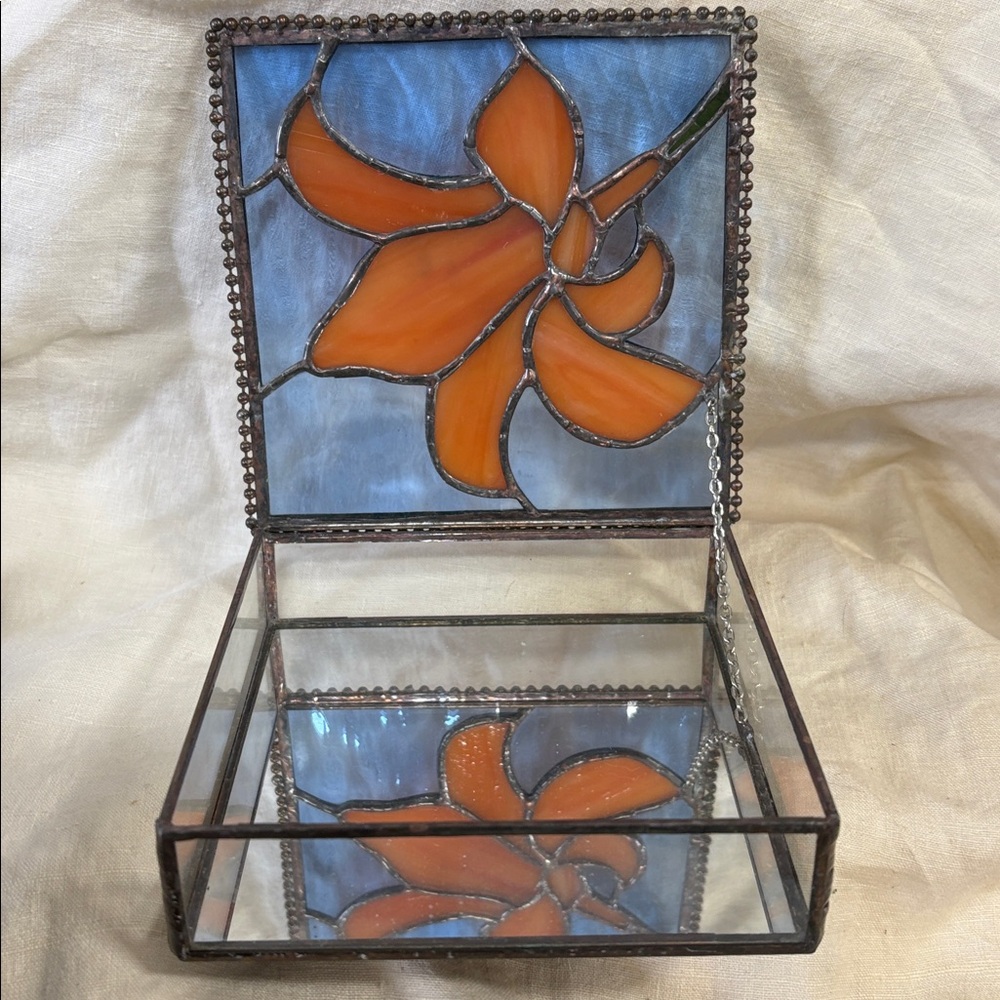 Blue and Orange Stained Glass Floral Decorative Box - Picture 2 of 4